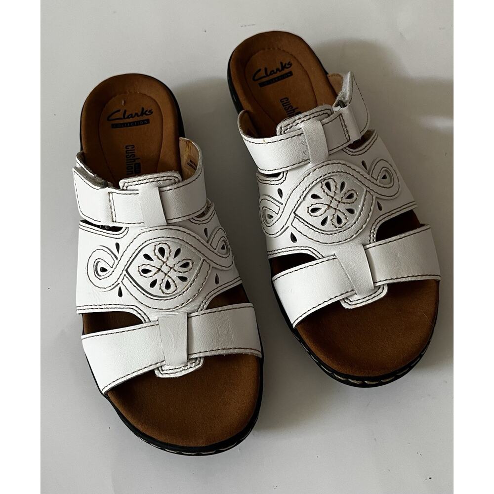 Clarks Leisa Higley Slide Sandals Women’s White Leather Comfort Shoes Size 5.5
